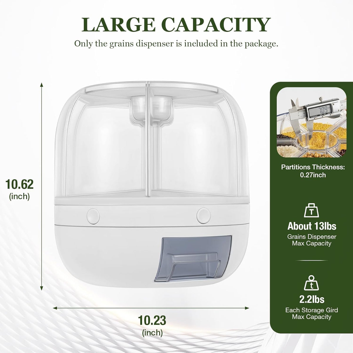 13Lbs Grain Dispenser, 6 Grids Dry Food Dispenser 360°Rotating Airtight Rice Storage Containers Grain Storage Container Thickened Partition with Graduation Line 10.23X10.62In