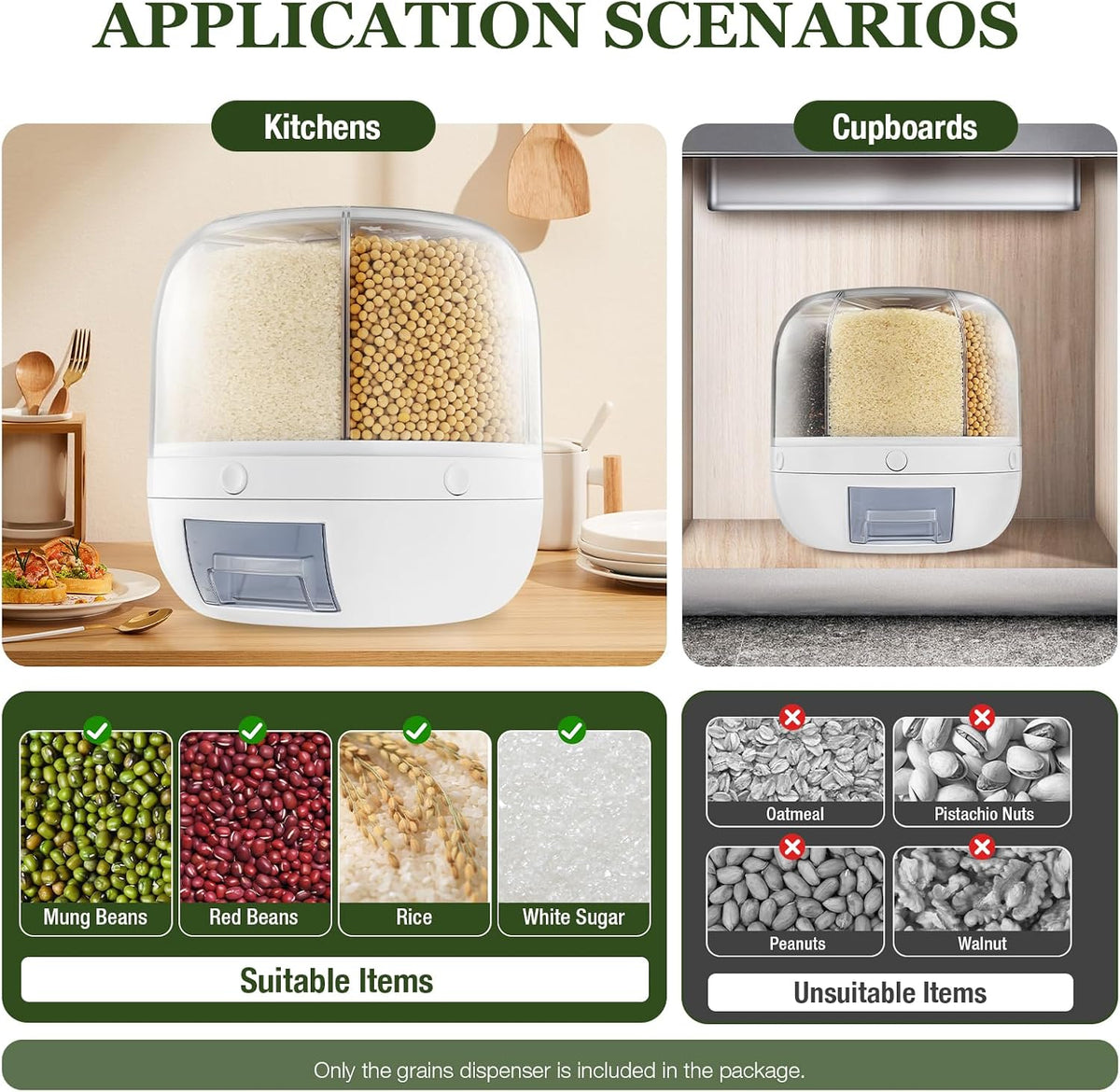 13Lbs Grain Dispenser, 6 Grids Dry Food Dispenser 360°Rotating Airtight Rice Storage Containers Grain Storage Container Thickened Partition with Graduation Line 10.23X10.62In