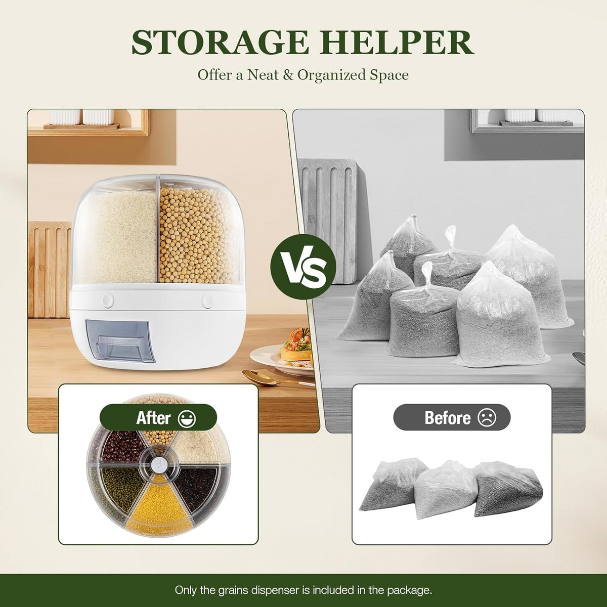 13Lbs Grain Dispenser, 6 Grids Dry Food Dispenser 360°Rotating Airtight Rice Storage Containers Grain Storage Container Thickened Partition with Graduation Line 10.23X10.62In