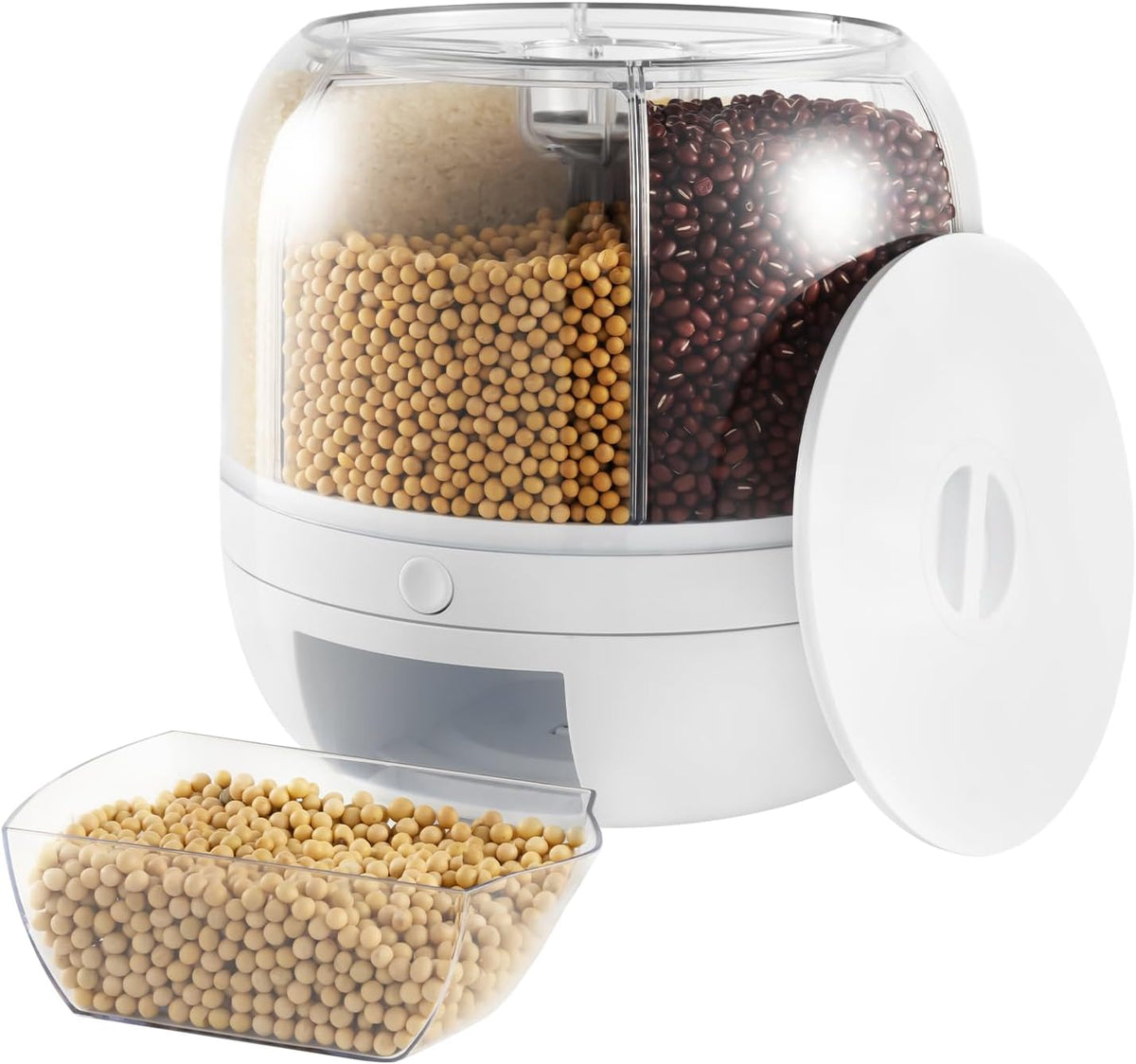 13Lbs Grain Dispenser, 6 Grids Dry Food Dispenser 360°Rotating Airtight Rice Storage Containers Grain Storage Container Thickened Partition with Graduation Line 10.23X10.62In