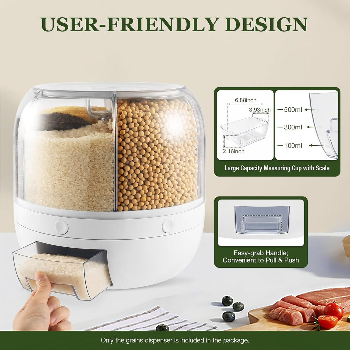 13Lbs Grain Dispenser, 6 Grids Dry Food Dispenser 360°Rotating Airtight Rice Storage Containers Grain Storage Container Thickened Partition with Graduation Line 10.23X10.62In