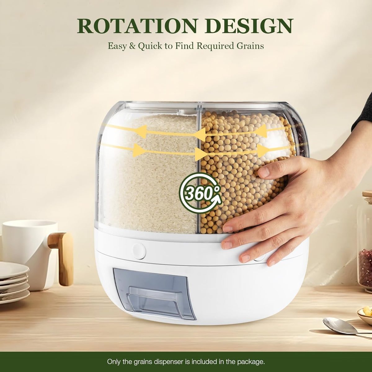 13Lbs Grain Dispenser, 6 Grids Dry Food Dispenser 360°Rotating Airtight Rice Storage Containers Grain Storage Container Thickened Partition with Graduation Line 10.23X10.62In
