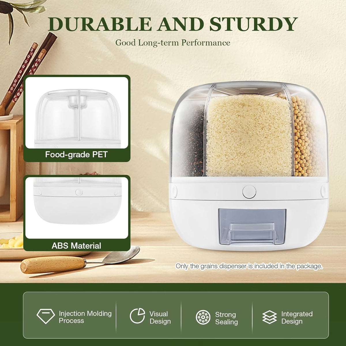 13Lbs Grain Dispenser, 6 Grids Dry Food Dispenser 360°Rotating Airtight Rice Storage Containers Grain Storage Container Thickened Partition with Graduation Line 10.23X10.62In