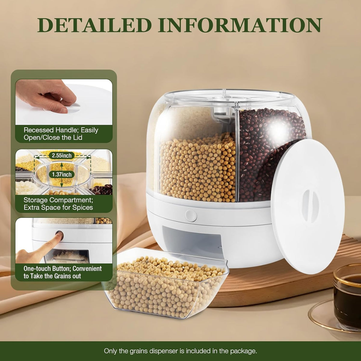 13Lbs Grain Dispenser, 6 Grids Dry Food Dispenser 360°Rotating Airtight Rice Storage Containers Grain Storage Container Thickened Partition with Graduation Line 10.23X10.62In